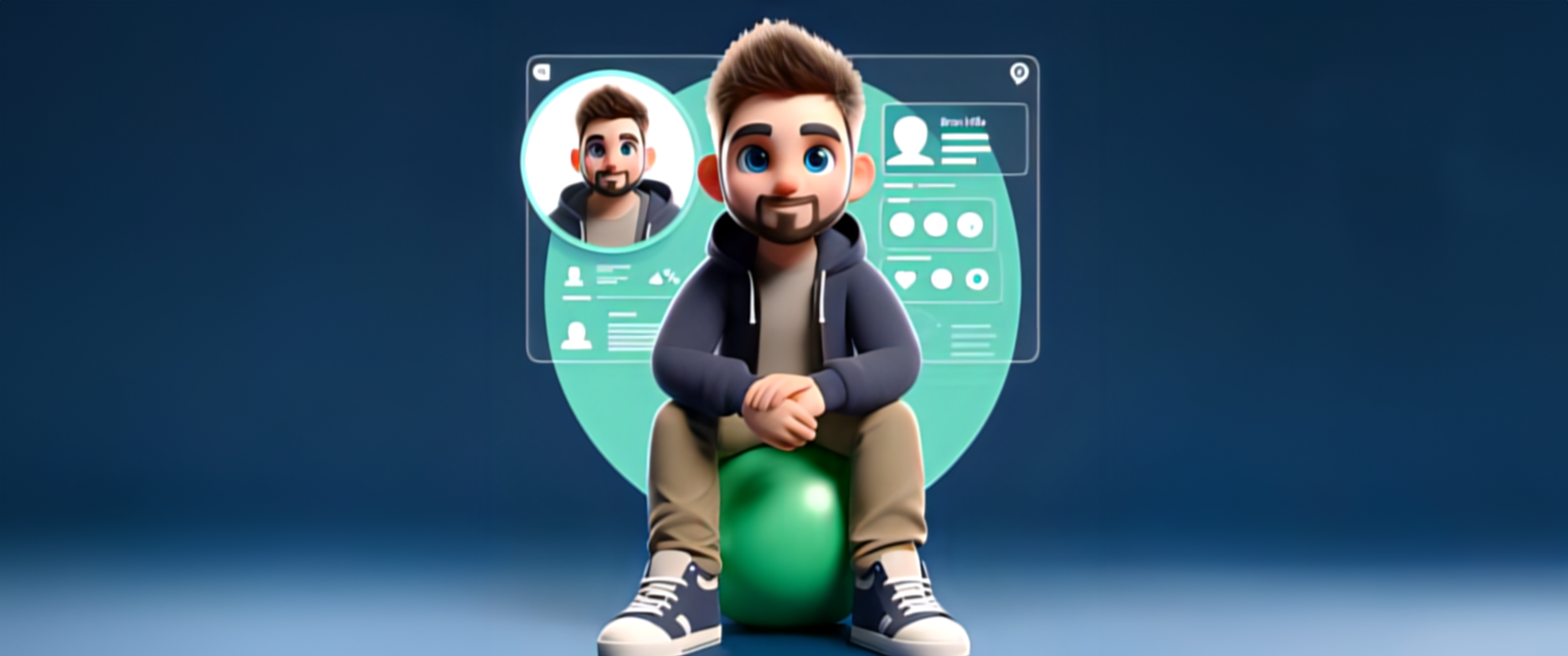 BranHills blog image of a 3d avatar sitting on a ball in front of a floating user interface
